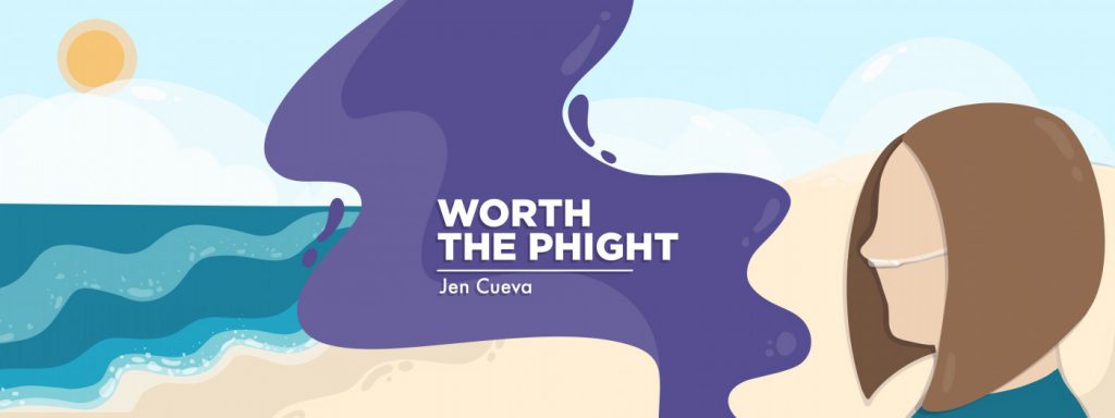 Banner image for "Worth the PHight," a column by Jen Cueva. The graphic illustration depicts a woman with short brown hair and oxygen sitting on the beach and looking out toward the ocean.